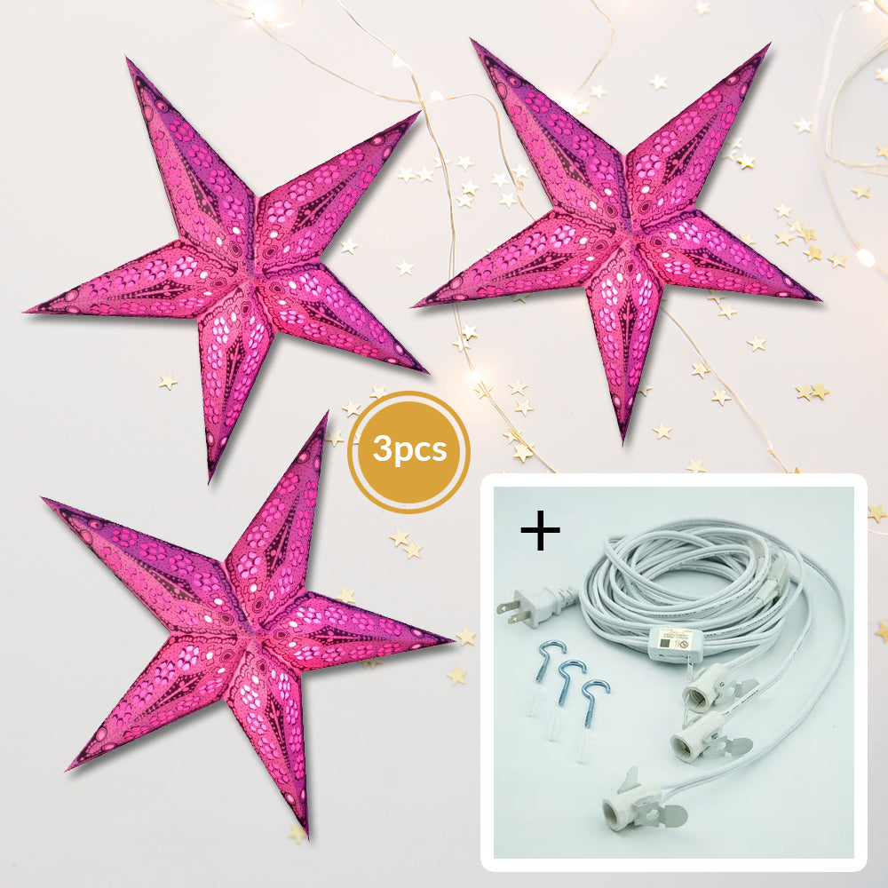 3-PACK + Cord | Pink Petal Cut 24&quot; Illuminated Paper Star Lanterns and Lamp Cord Hanging Decorations - PaperLanternStore.com - Paper Lanterns, Decor, Party Lights &amp; More