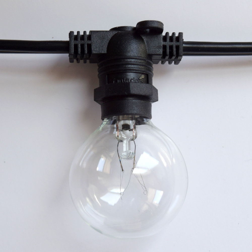 BLOWOUT 50 Socket Outdoor Commercial String Light Set, Clear Globe Bulbs, 54 FT Black Cord w/ E12 C7 Base, Weatherproof