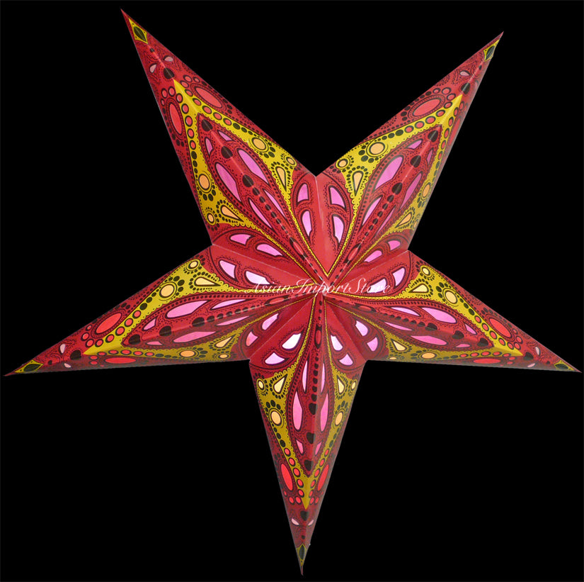 3-PACK + Cord | Red Dahlia 24&quot; Illuminated Paper Star Lanterns and Lamp Cord Hanging Decorations - PaperLanternStore.com - Paper Lanterns, Decor, Party Lights &amp; More
