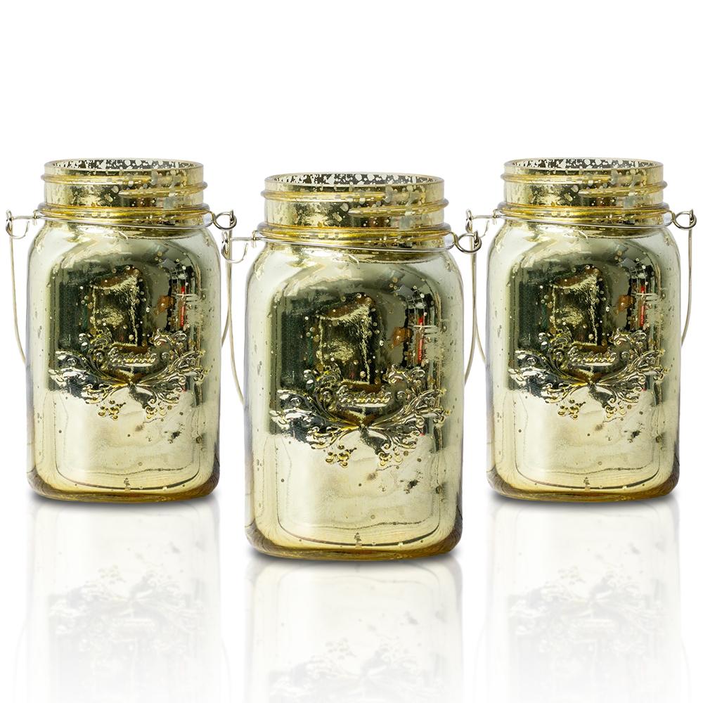 (3-Pack) Fantado Regular Mouth Gold Mercury Glass Mason Jar with Handle, 16oz / 1 Pint - PaperLanternStore.com - Paper Lanterns, Decor, Party Lights & More