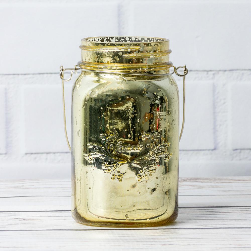 SINGLE Fantado Regular Mouth Gold Mercury Glass Mason Jar with Handle, 16oz / 1 Pint - PaperLanternStore.com - Paper Lanterns, Decor, Party Lights &amp; More