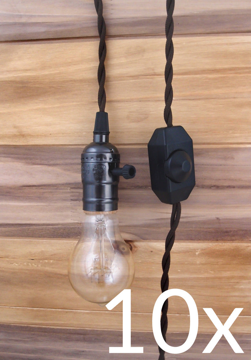 BULK PACK (10) Single Pearl Black Socket Pendant Light Lamp Cord Kits w/ Dimmer Switch (11FT, Brown Cloth) - PaperLanternStore.com - Paper Lanterns, Decor, Party Lights &amp; More