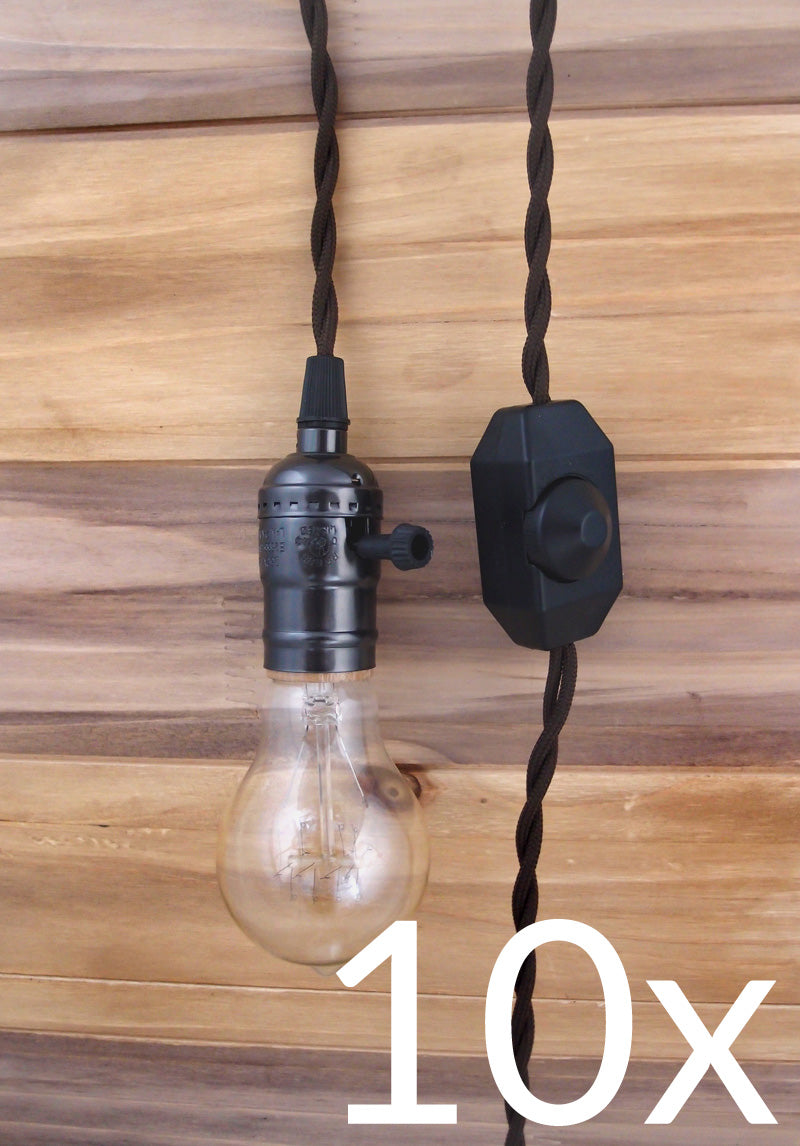 BULK PACK (10) Single Pearl Black Socket Pendant Light Lamp Cord Kits w/ Dimmer Switch (11FT, Brown Cloth) - PaperLanternStore.com - Paper Lanterns, Decor, Party Lights & More