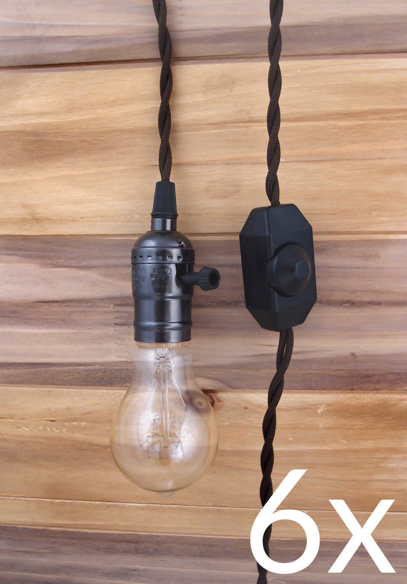 BULK PACK (6) Single Pearl Black Socket Pendant Light Lamp Cord Kits w/ Dimmer Switch (11FT, Brown Cloth) - PaperLanternStore.com - Paper Lanterns, Decor, Party Lights &amp; More