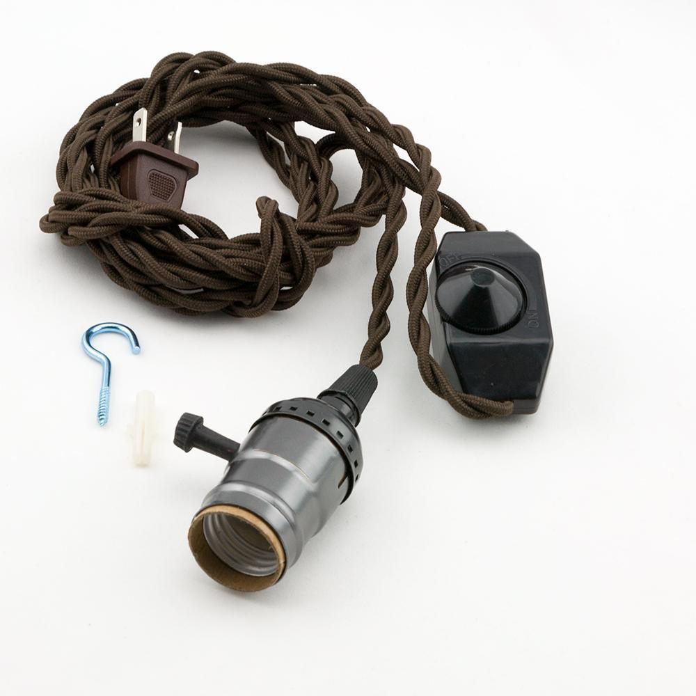 Single Black Pearl Socket Vintage-Style Pendant Light Cord w/ Dimmer Switch Switch, 11 FT Twisted Brown Cloth Cord - Electrical Swag Light Kit - PaperLanternStore.com - Paper Lanterns, Decor, Party Lights &amp; More