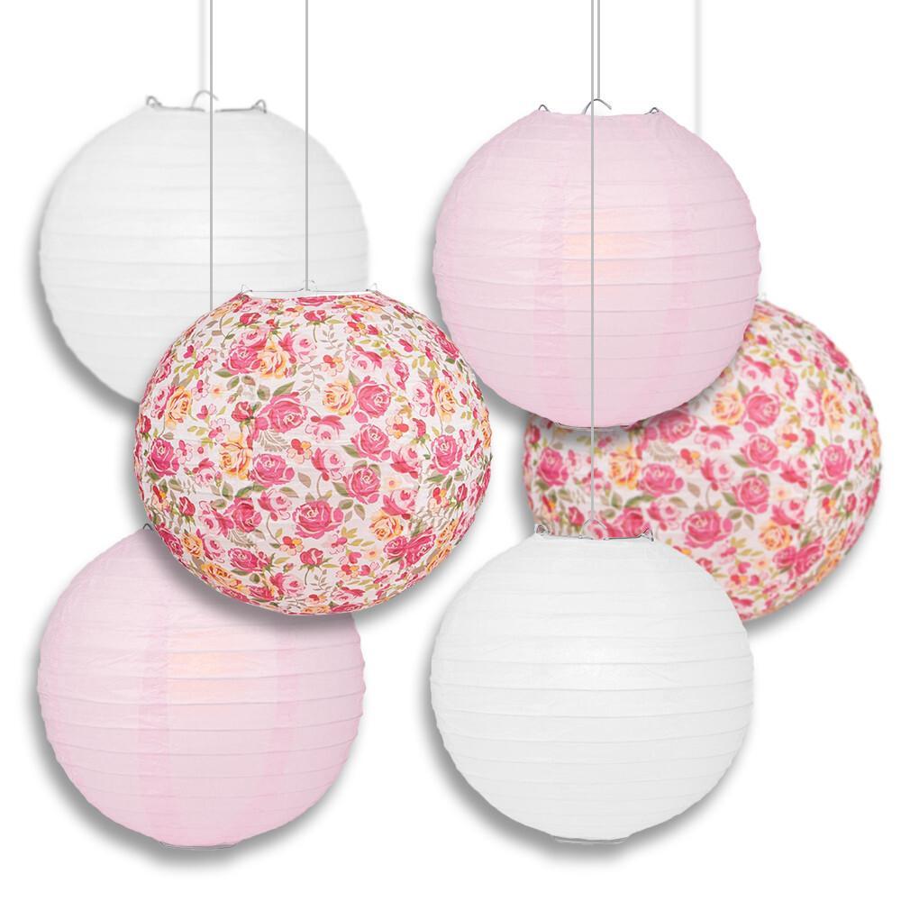 14" Liberty Print Fuchsia Rose Floral Pattern 6pc Paper Lantern Party Pack