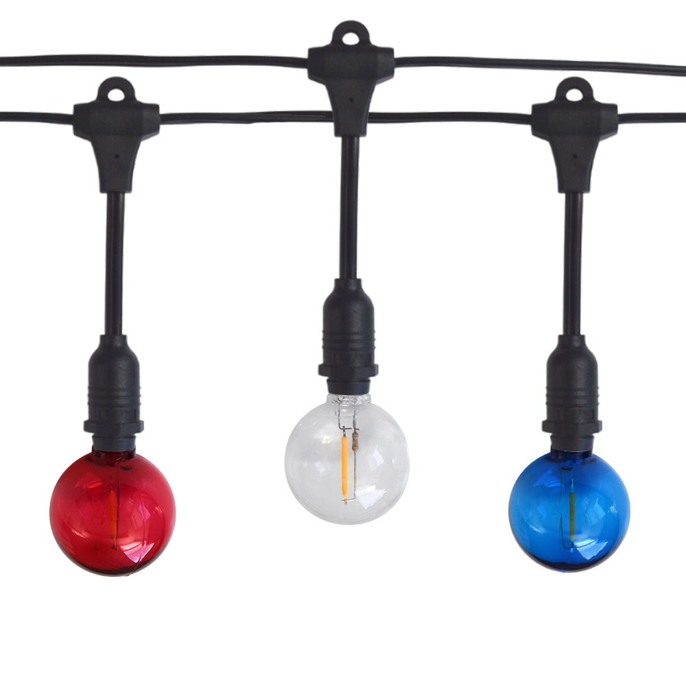 Shatterproof Globe LED Patriotic 4th of July Outdoor Suspended Commercial String Light, Black Cord