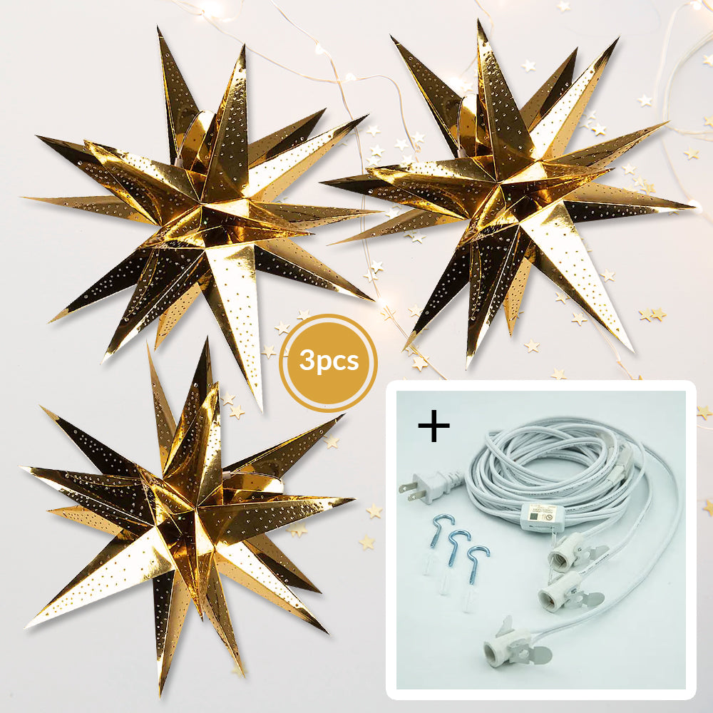 3-PACK + Cord | Gold Moravian Multi-Point 24&quot; Illuminated Paper Star Lanterns and Lamp Cord Hanging Decorations - PaperLanternStore.com - Paper Lanterns, Decor, Party Lights &amp; More