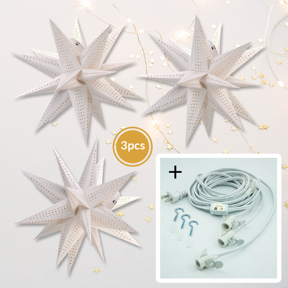 3-PACK + Cord | White Moravian Multi-Point 24&quot; Illuminated Paper Star Lanterns and Lamp Cord Hanging Decorations - PaperLanternStore.com - Paper Lanterns, Decor, Party Lights &amp; More