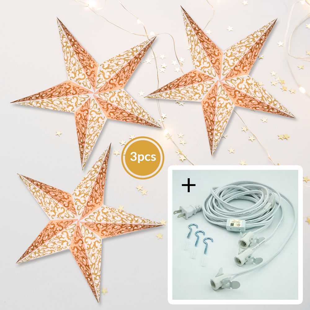 3-PACK + Cord | Gold Glitter Bramble 24&quot; Illuminated Paper Star Lanterns and Lamp Cord Hanging Decorations - PaperLanternStore.com - Paper Lanterns, Decor, Party Lights &amp; More