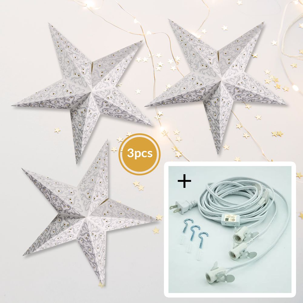 3-PACK + Cord | Silver Glitter Bramble 24&quot; Illuminated Paper Star Lanterns and Lamp Cord Hanging Decorations - PaperLanternStore.com - Paper Lanterns, Decor, Party Lights &amp; More