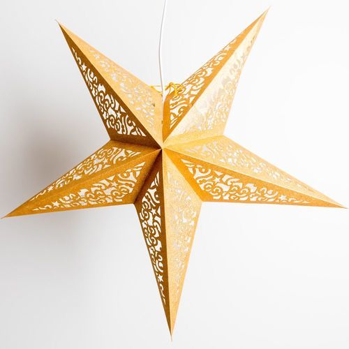 3-PACK + Cord | Gold Christmas Holiday Glitter 24&quot; Illuminated Paper Star Lanterns and Lamp Cord Hanging Decorations - PaperLanternStore.com - Paper Lanterns, Decor, Party Lights &amp; More