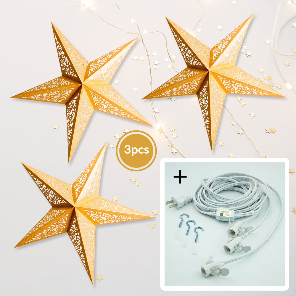 3-PACK + Cord | Gold Christmas Holiday Glitter 24&quot; Illuminated Paper Star Lanterns and Lamp Cord Hanging Decorations - PaperLanternStore.com - Paper Lanterns, Decor, Party Lights &amp; More