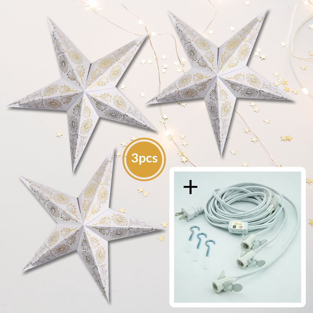 3-PACK + Cord | White Daisy 24&quot; Illuminated Paper Star Lanterns and Lamp Cord Hanging Decorations - PaperLanternStore.com - Paper Lanterns, Decor, Party Lights &amp; More