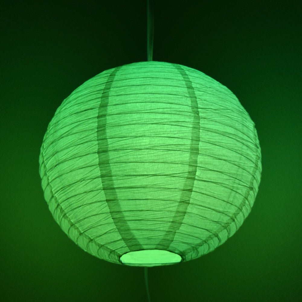 LANTERN + CORD + COLOR BULB | White Crepe Premium Paper Lantern with Pendant Cord Combo Kit, Switch, E26, Green Bulb