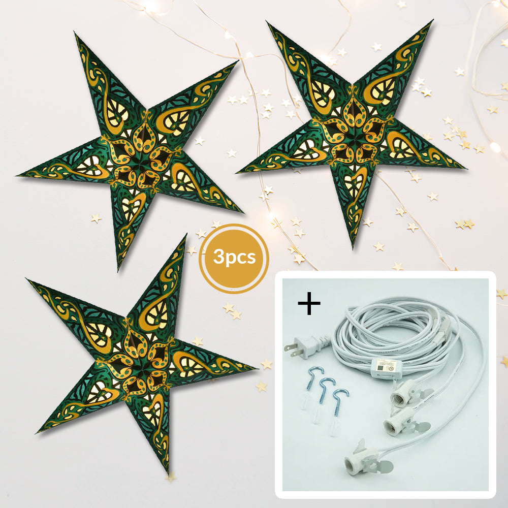3-PACK + Cord | Green Trance 24" Illuminated Paper Star Lanterns and Lamp Cord Hanging Decorations - PaperLanternStore.com - Paper Lanterns, Decor, Party Lights & More