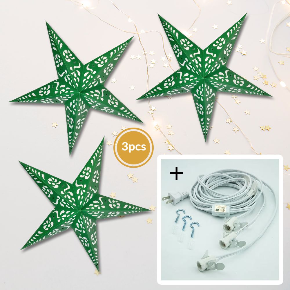 3-PACK + Cord | Green Punch 24" Illuminated Paper Star Lanterns and Lamp Cord Hanging Decorations - PaperLanternStore.com - Paper Lanterns, Decor, Party Lights & More