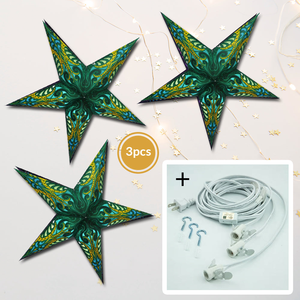 3-PACK + Cord | Green Splash 24" Illuminated Paper Star Lanterns and Lamp Cord Hanging Decorations - PaperLanternStore.com - Paper Lanterns, Decor, Party Lights & More