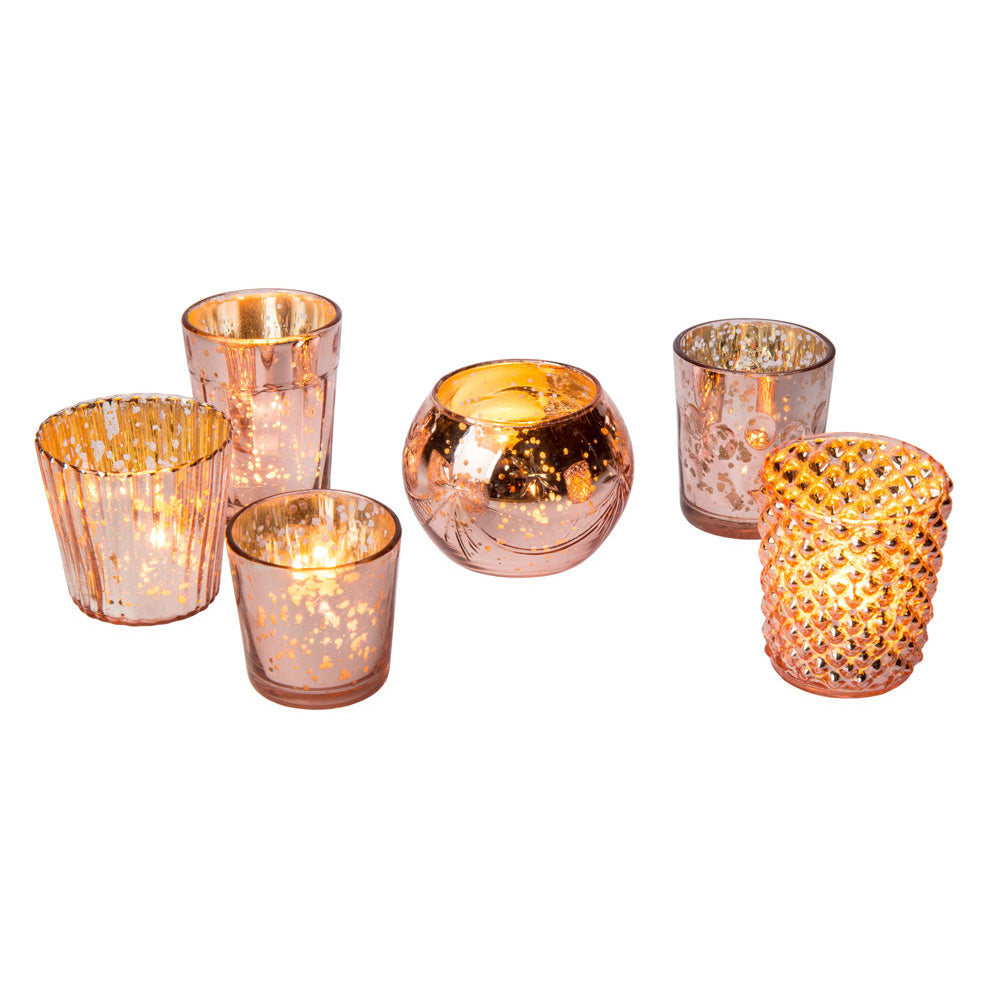 Best of Show Vintage Mercury Glass Votive Tea Light Candle Holders - Rose Gold Pink (6 PACK, Assorted Designs) - PaperLanternStore.com - Paper Lanterns, Decor, Party Lights &amp; More
