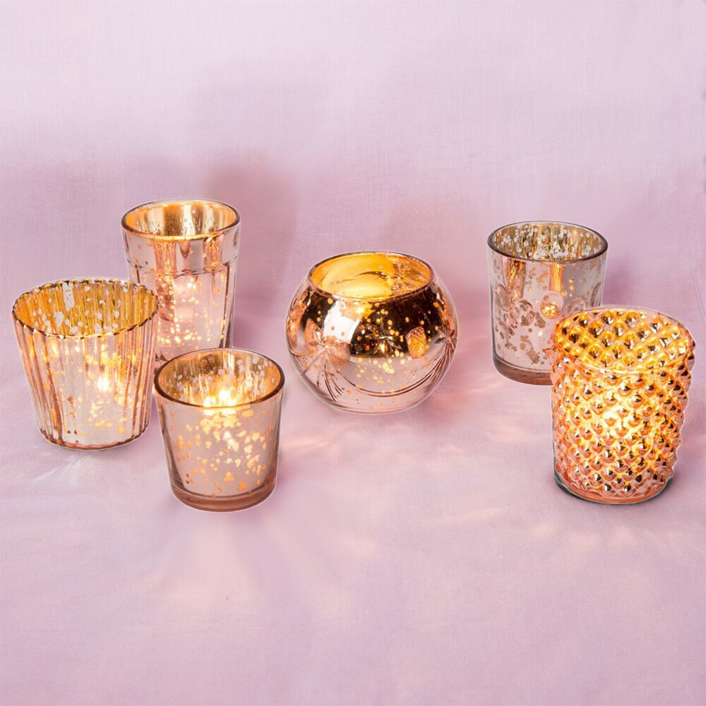 Best of Show Vintage Mercury Glass Votive Tea Light Candle Holders - Rose Gold Pink (6 PACK, Assorted Designs) - PaperLanternStore.com - Paper Lanterns, Decor, Party Lights &amp; More