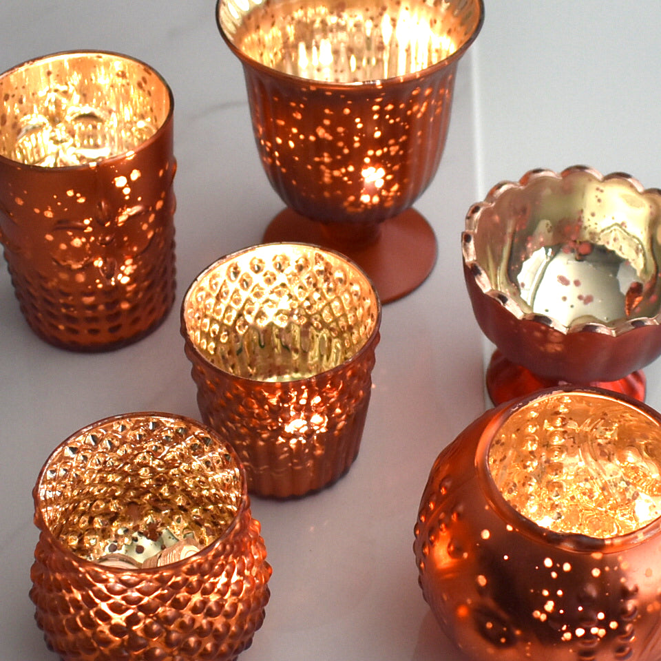 Vintage Glam Rustic Copper Red Mercury Glass Tea Light Votive Candle Holders (6 PACK, Assorted Designs and Sizes) - PaperLanternStore.com - Paper Lanterns, Decor, Party Lights & More