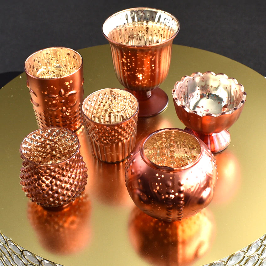 Vintage Glam Rustic Copper Red Mercury Glass Tea Light Votive Candle Holders (6 PACK, Assorted Designs and Sizes) - PaperLanternStore.com - Paper Lanterns, Decor, Party Lights &amp; More