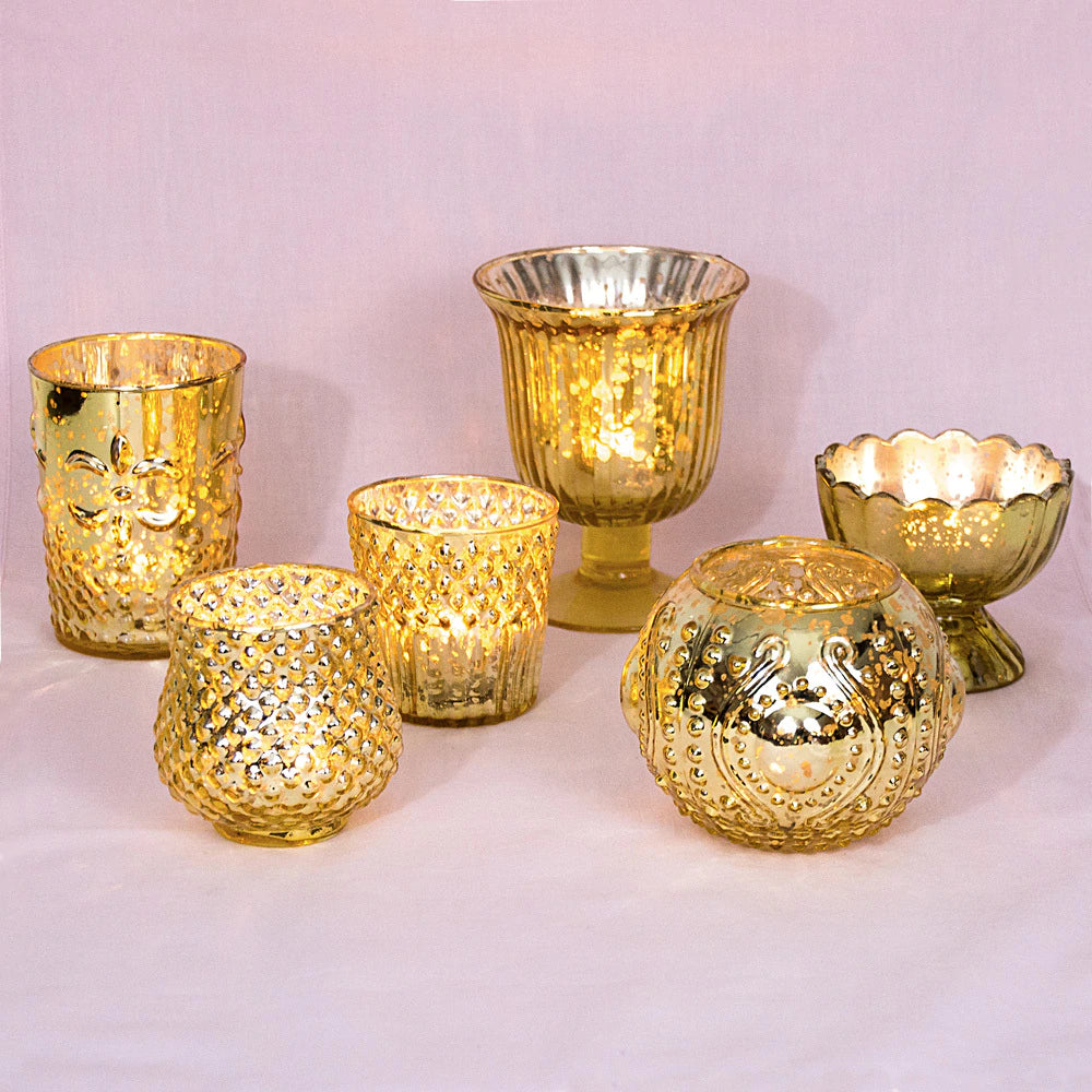 Vintage Glam Gold Mercury Glass Tea Light Votive Candle Holders (6 PACK, Assorted Designs and Sizes) - PaperLanternStore.com - Paper Lanterns, Decor, Party Lights & More