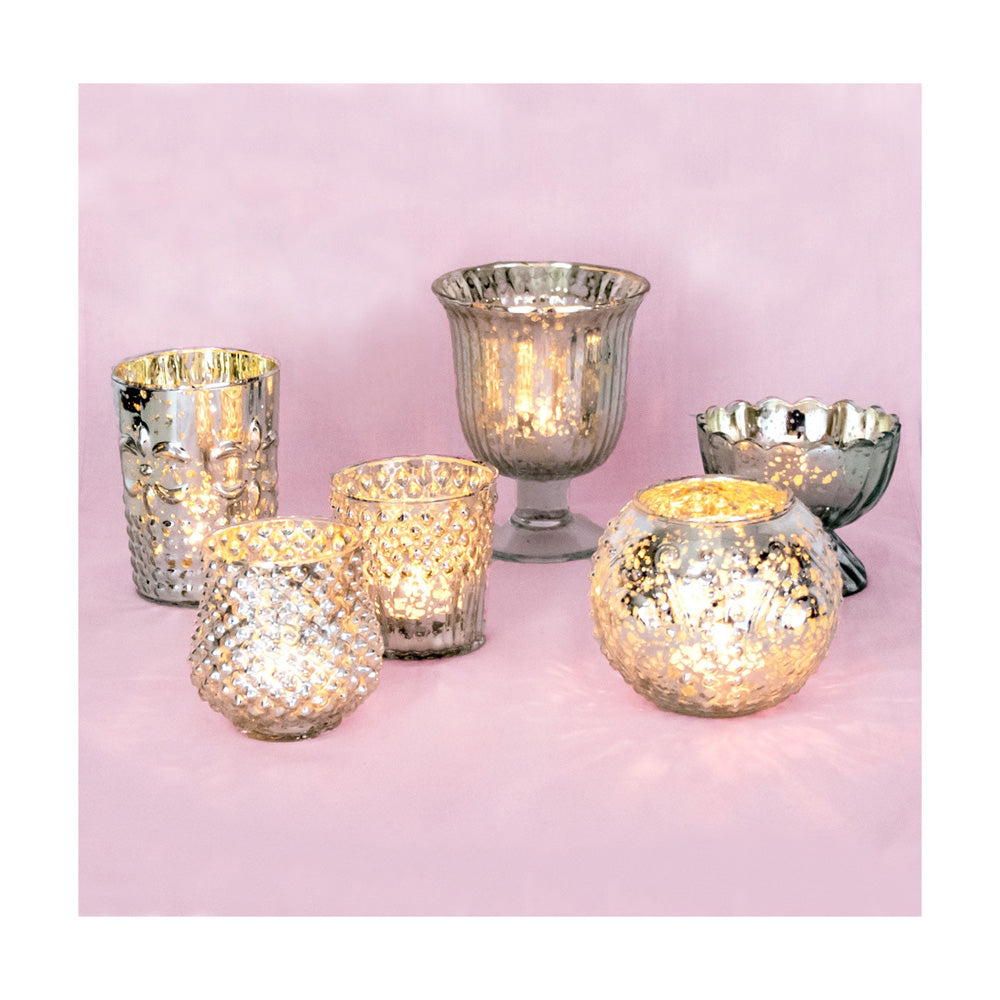 Vintage Glam Silver Mercury Glass Tea Light Votive Candle Holders (6 PACK, Assorted Designs and Sizes) - PaperLanternStore.com - Paper Lanterns, Decor, Party Lights &amp; More