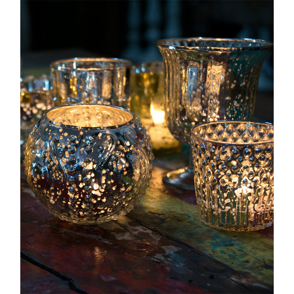 Vintage Glam Silver Mercury Glass Tea Light Votive Candle Holders (6 PACK, Assorted Designs and Sizes) - PaperLanternStore.com - Paper Lanterns, Decor, Party Lights &amp; More