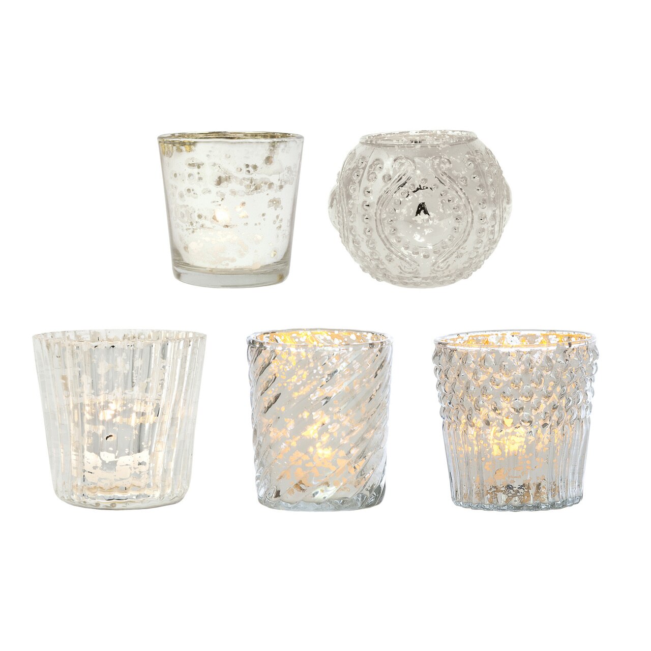 Royal Banquet Silver Mercury Glass Tea Light Votive Candle Holders (5 PACK, Assorted Designs and Sizes)
