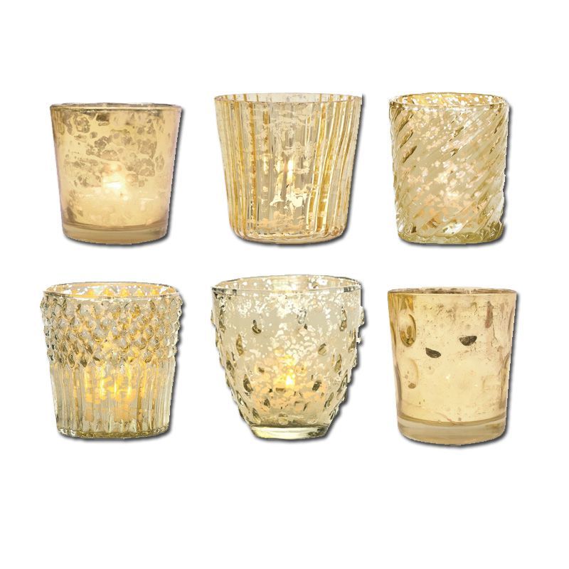 Vintage Romance Gold Mercury Glass Tea Light Votive Candle Holders (6 PACK, Assorted Styles) - PaperLanternStore.com - Paper Lanterns, Decor, Party Lights &amp; More