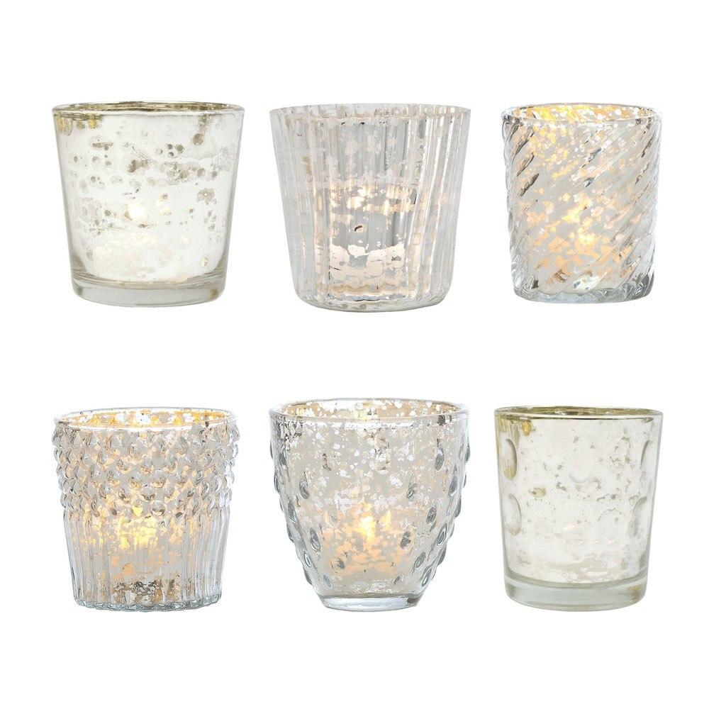 Vintage Romance Silver Mercury Glass Tea Light Votive Candle Holders (6 PACK, Assorted Styles)