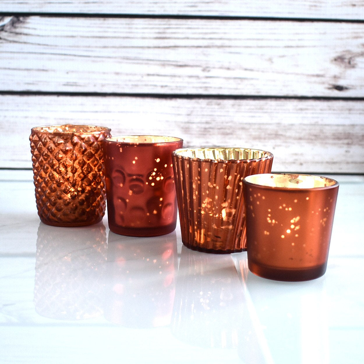 Best of Show Mercury Glass Tealight Votive Candle Holders (Rustic Copper Red, Set of 4, Assorted Styles) - for Weddings, Events, Parties, Home Decor - PaperLanternStore.com - Paper Lanterns, Decor, Party Lights & More