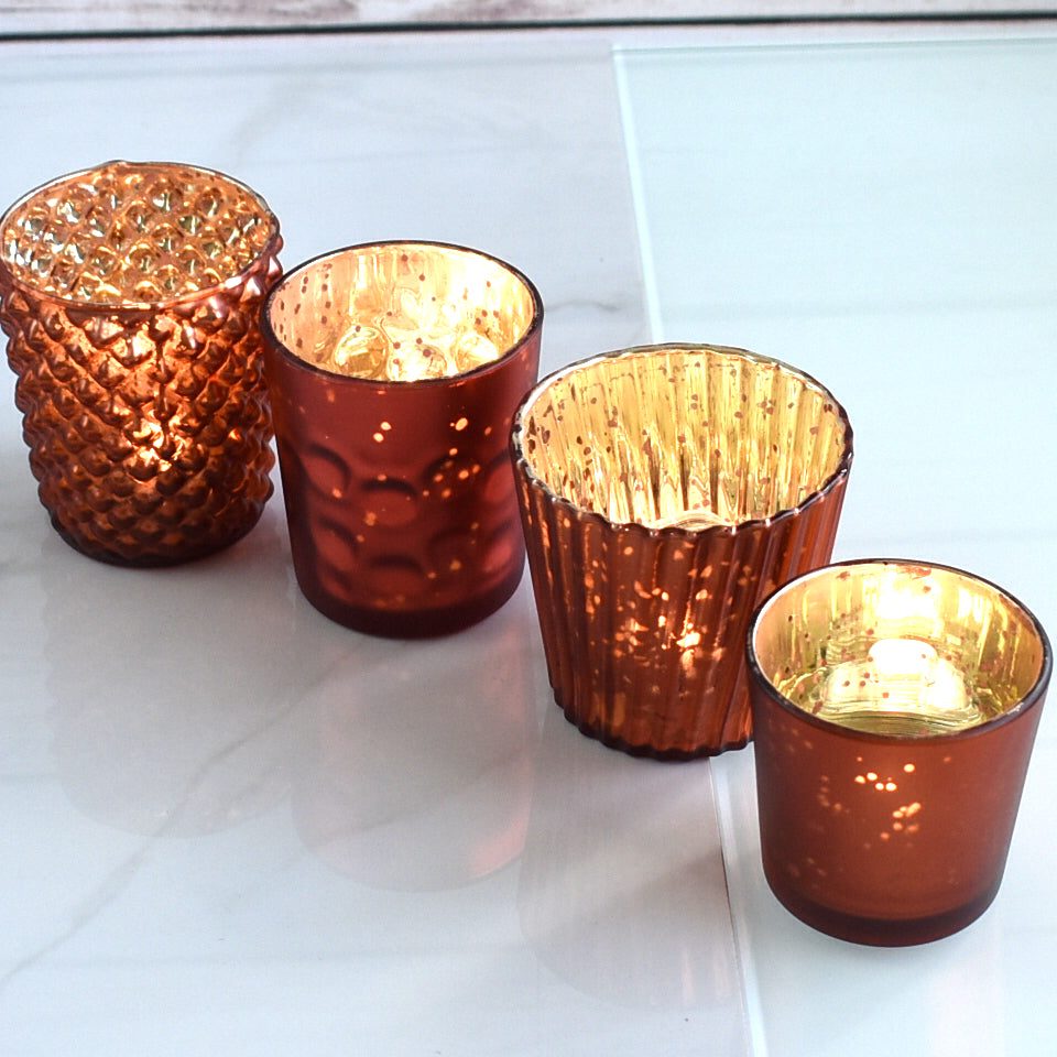 Best of Show Mercury Glass Tealight Votive Candle Holders (Rustic Copper Red, Set of 4, Assorted Styles) - for Weddings, Events, Parties, Home Decor - PaperLanternStore.com - Paper Lanterns, Decor, Party Lights &amp; More