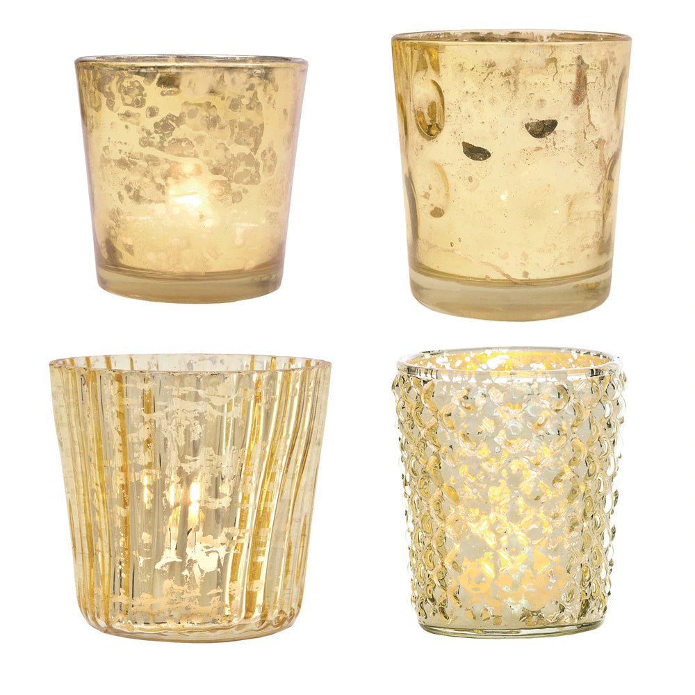 Best of Show Mercury Glass Tealight Votive Candle Holders (Gold, Set of 4, Assorted Styles) - for Weddings, Events, Parties, and Home Décor, Ideal Housewarming Gift - PaperLanternStore.com - Paper Lanterns, Decor, Party Lights &amp; More