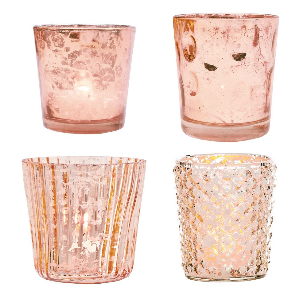 Best of Show Mercury Glass Tealight Votive Candle Holders (Rose Gold Pink, Set of 4, Assorted Styles) - for Weddings, Events, Parties, and Home Décor, Ideal Housewarming Gift - PaperLanternStore.com - Paper Lanterns, Decor, Party Lights &amp; More