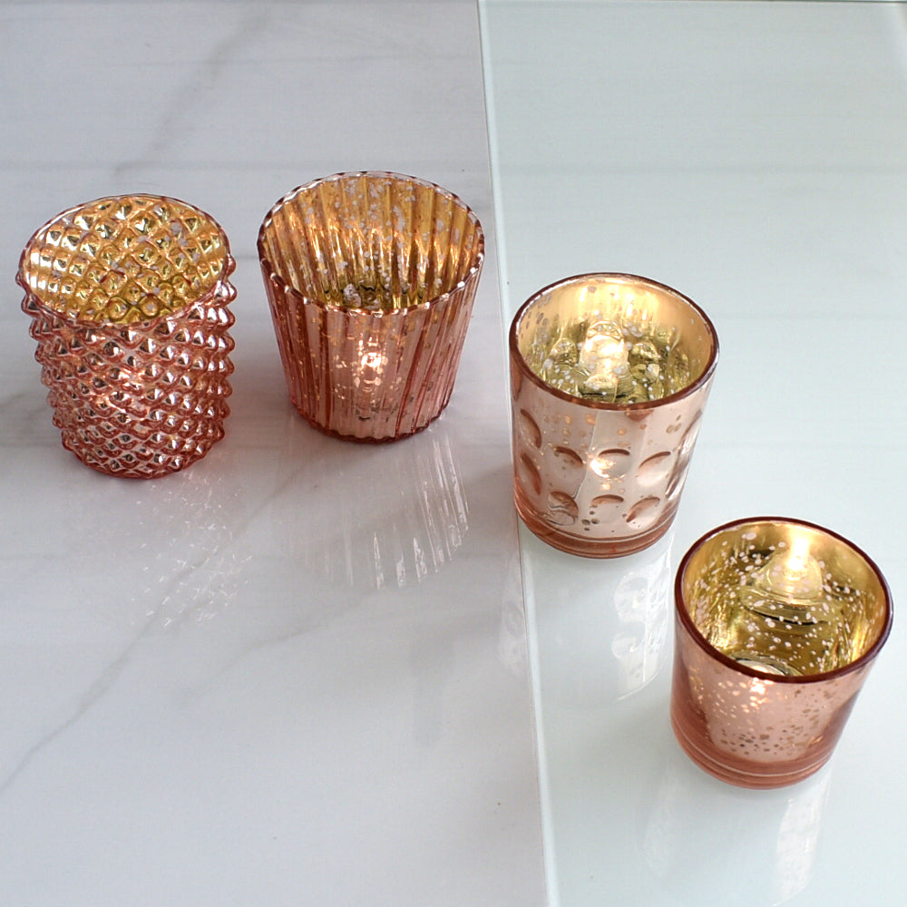 Best of Show Mercury Glass Tealight Votive Candle Holders (Rose Gold Pink, Set of 4, Assorted Styles) - for Weddings, Events, Parties, and Home Décor, Ideal Housewarming Gift - PaperLanternStore.com - Paper Lanterns, Decor, Party Lights &amp; More