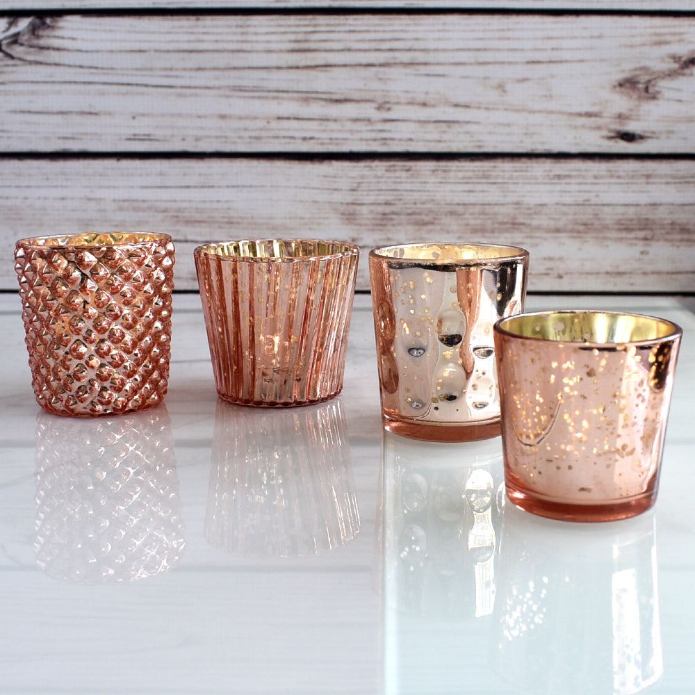 Best of Show Mercury Glass Tealight Votive Candle Holders (Rose Gold Pink, Set of 4, Assorted Styles) - for Weddings, Events, Parties, and Home Décor, Ideal Housewarming Gift - PaperLanternStore.com - Paper Lanterns, Decor, Party Lights &amp; More