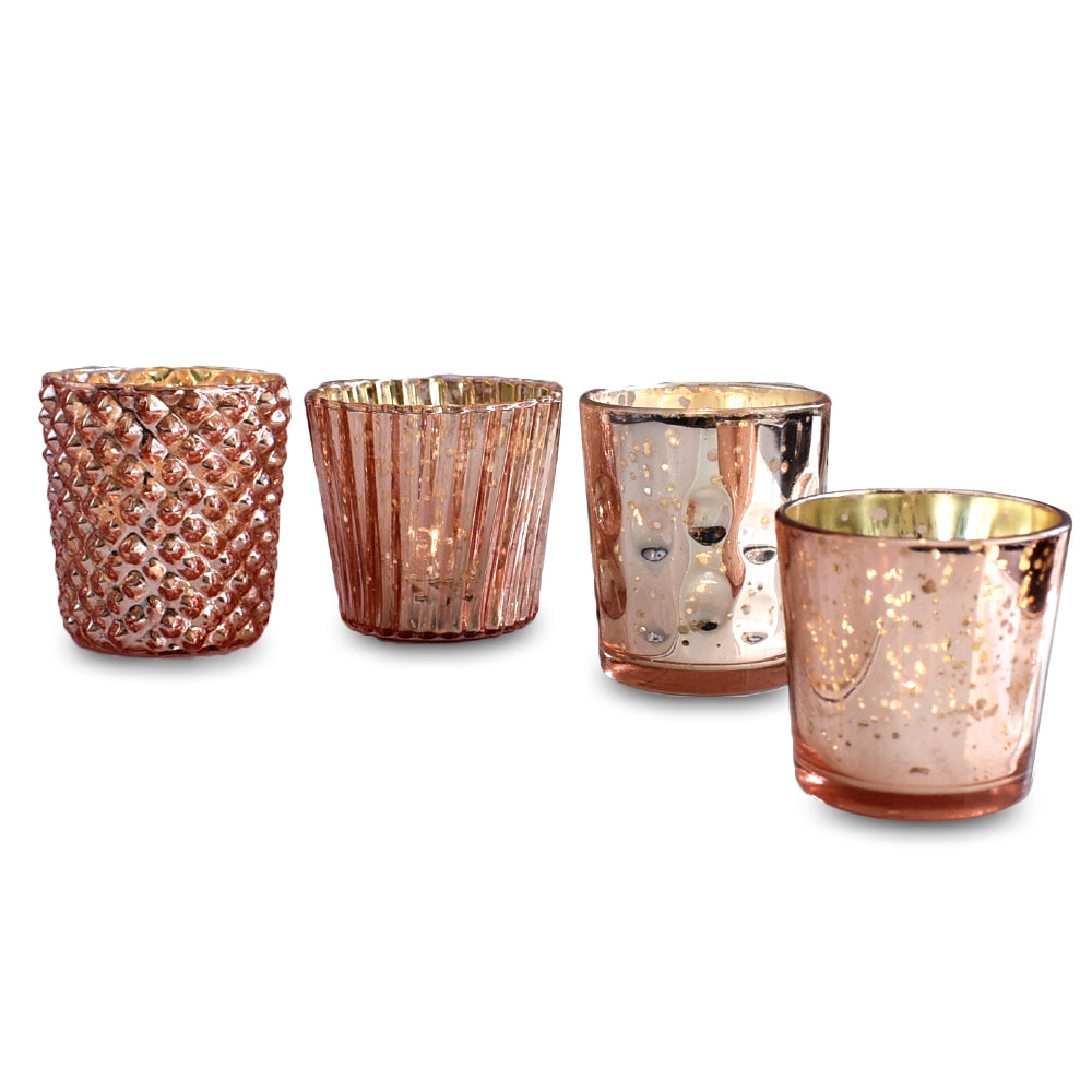 Best of Show Mercury Glass Tealight Votive Candle Holders (Rose Gold Pink, Set of 4, Assorted Styles) - for Weddings, Events, Parties, and Home Décor, Ideal Housewarming Gift - PaperLanternStore.com - Paper Lanterns, Decor, Party Lights &amp; More