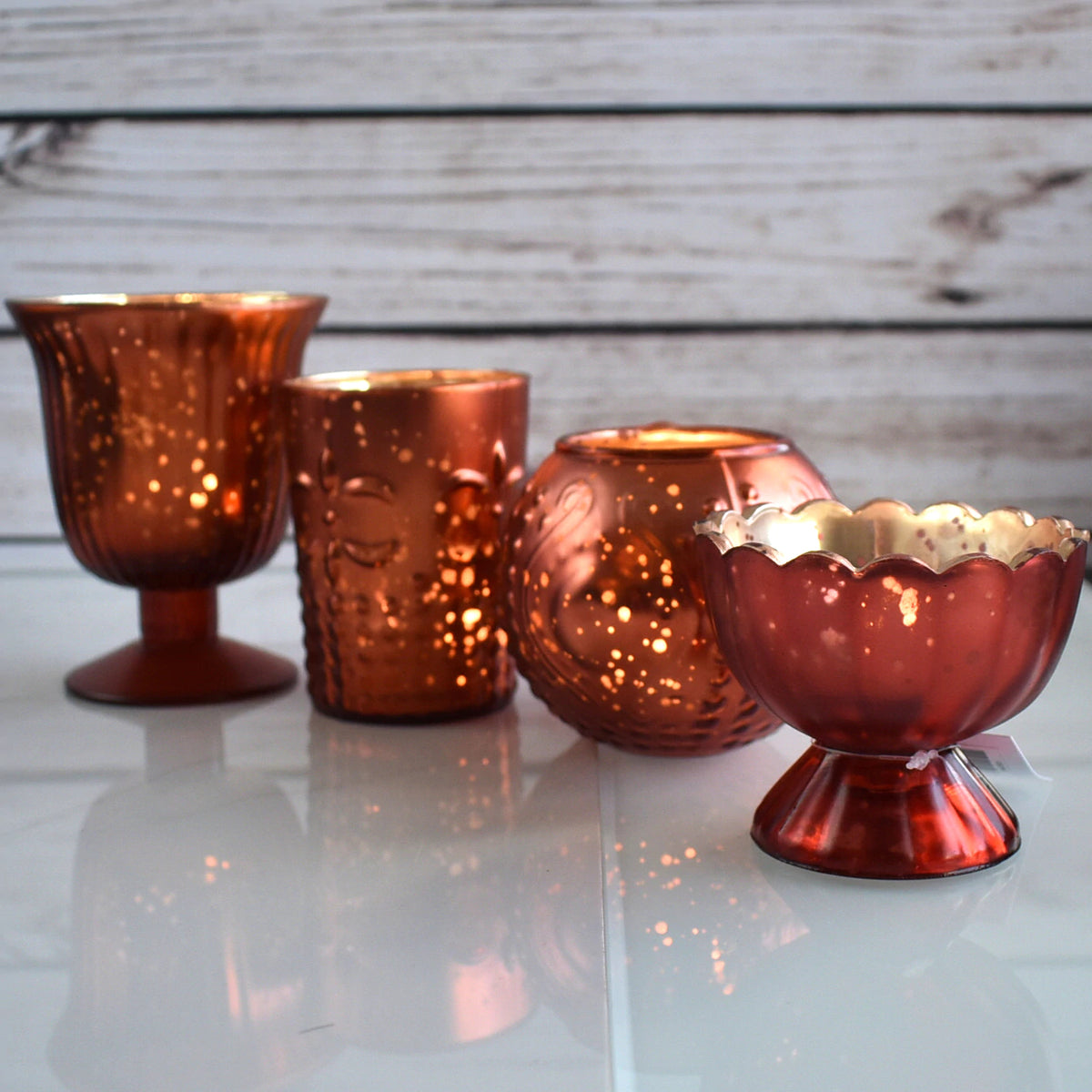 Vintage Glam Mercury Glass Tealight Votive Candle Holders (Rustic Copper Red, Set of 4, Assorted Designs, Sizes) - Weddings Events Parties Home Decor - PaperLanternStore.com - Paper Lanterns, Decor, Party Lights &amp; More