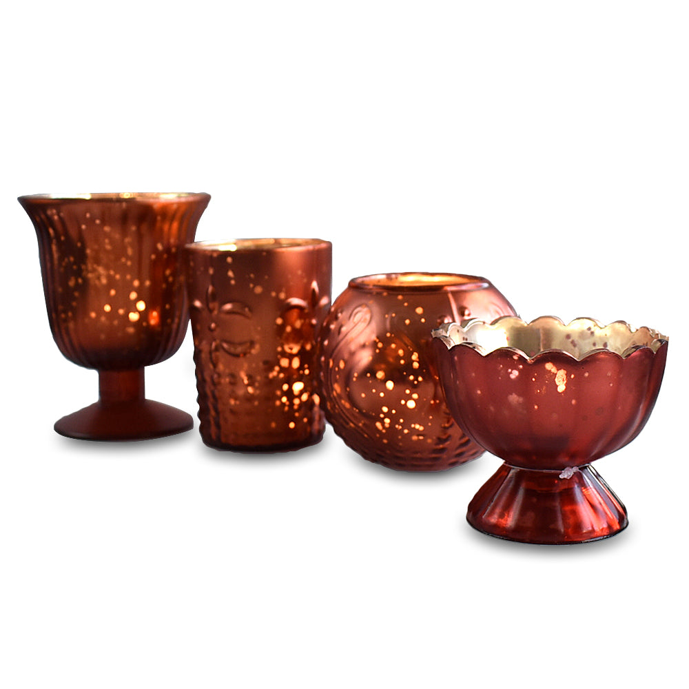 Vintage Glam Mercury Glass Tealight Votive Candle Holders (Rustic Copper Red, Set of 4, Assorted Designs, Sizes) - Weddings Events Parties Home Decor - PaperLanternStore.com - Paper Lanterns, Decor, Party Lights &amp; More