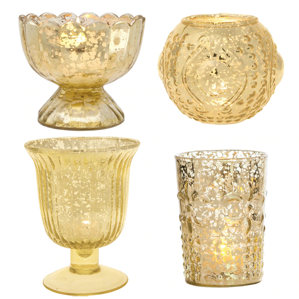 Vintage Glam Mercury Glass Tealight Votive Candle Holders (Gold, Set of 4, Assorted Designs and Sizes) - for Weddings, Events, Parties, and Home D̩cor - PaperLanternStore.com - Paper Lanterns, Decor, Party Lights &amp; More