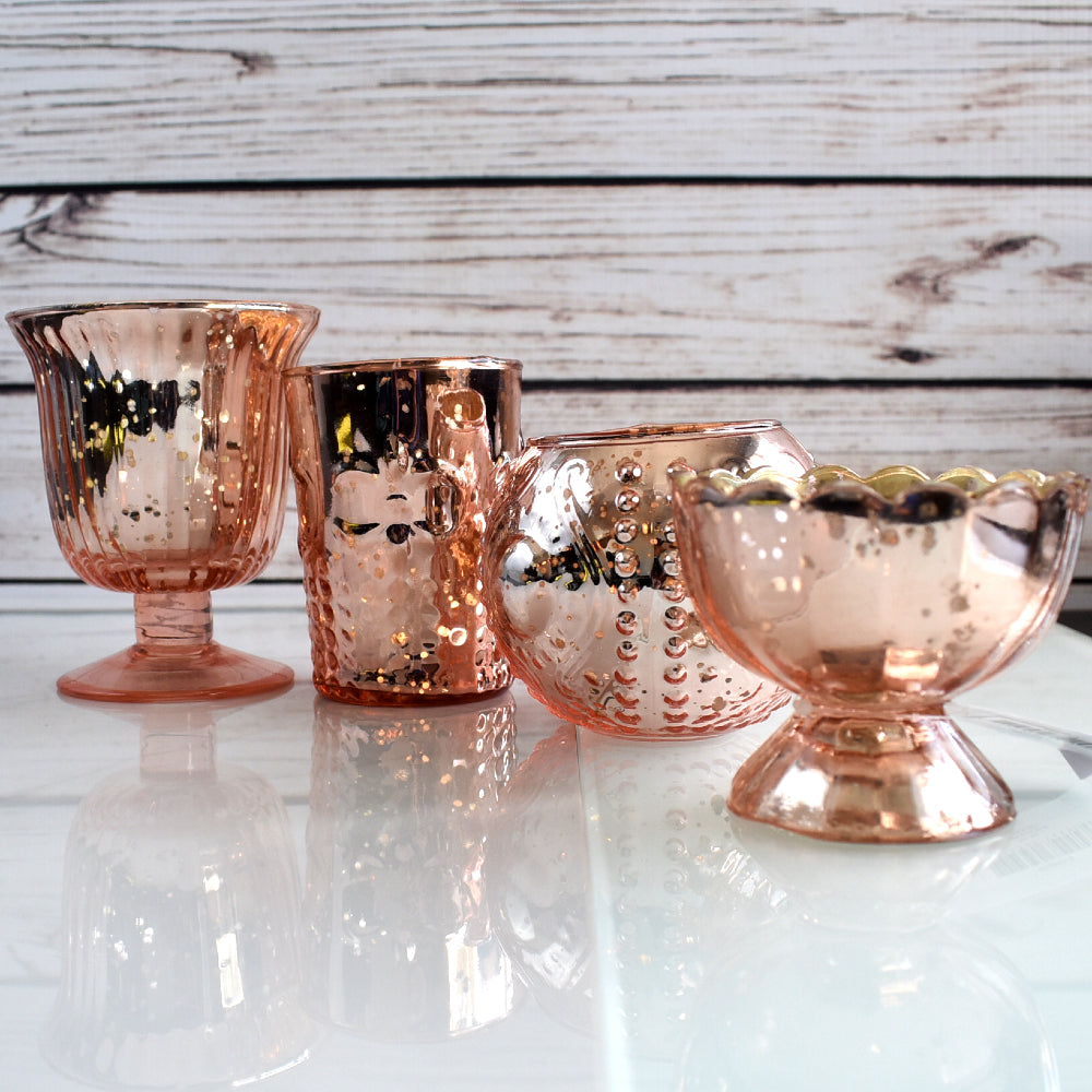 4 Pack | Vintage Glam Mercury Glass Tealight Votive Candle Holders (Rose Gold Pink, Assorted Designs and Sizes) - for Weddings, Events &amp; Home Décor - PaperLanternStore.com - Paper Lanterns, Decor, Party Lights &amp; More