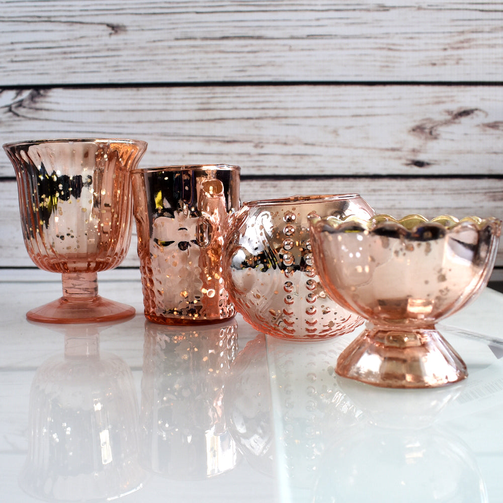 4 Pack | Vintage Glam Mercury Glass Tealight Votive Candle Holders (Rose Gold Pink, Assorted Designs and Sizes) - for Weddings, Events & Home Décor - PaperLanternStore.com - Paper Lanterns, Decor, Party Lights & More