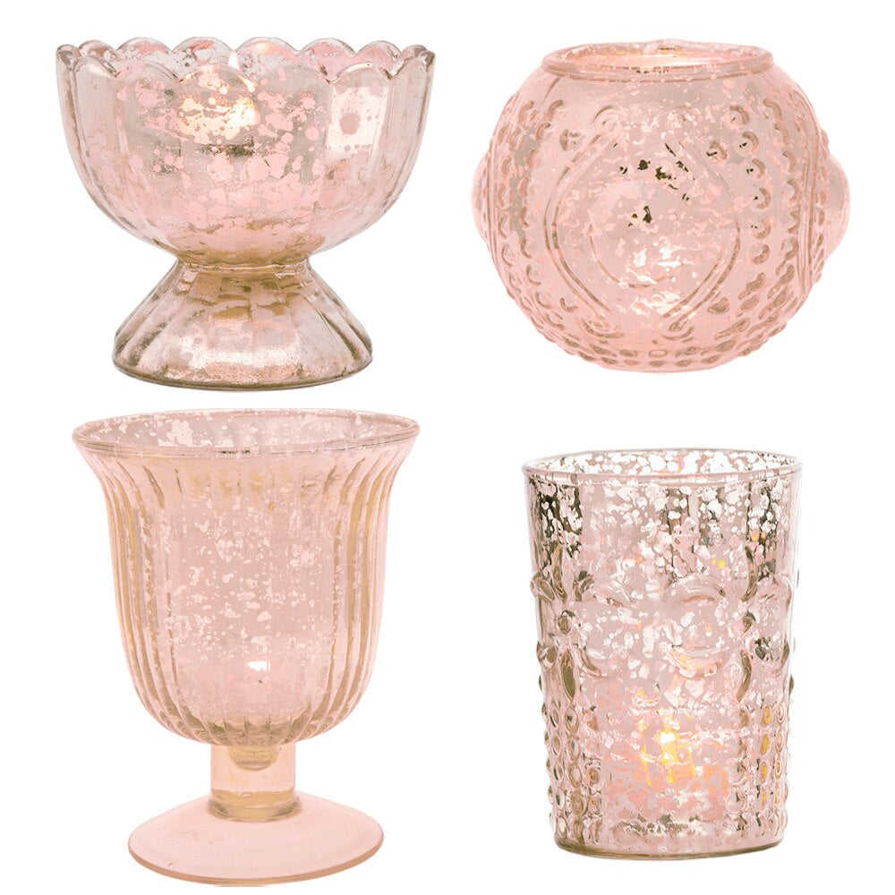 4 Pack | Vintage Glam Mercury Glass Tealight Votive Candle Holders (Rose Gold Pink, Assorted Designs and Sizes) - for Weddings, Events &amp; Home Décor - PaperLanternStore.com - Paper Lanterns, Decor, Party Lights &amp; More