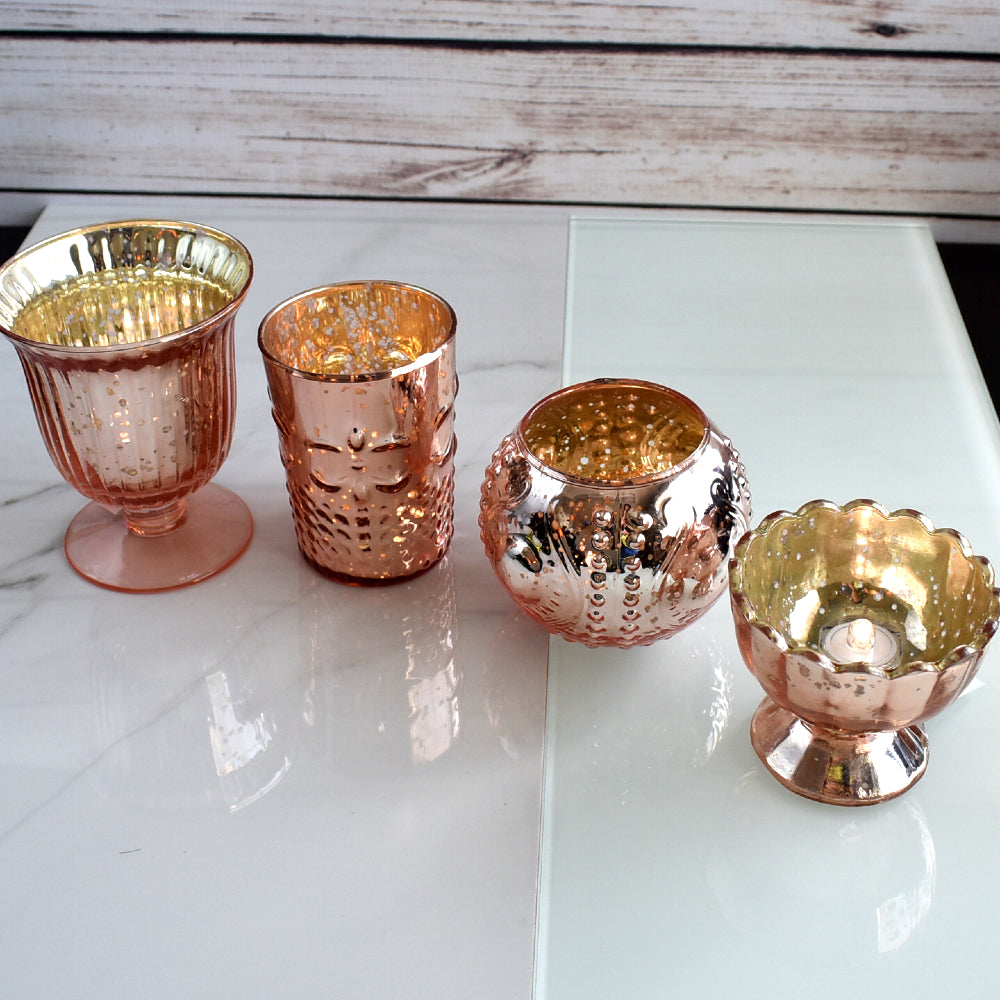 4 Pack | Vintage Glam Mercury Glass Tealight Votive Candle Holders (Rose Gold Pink, Assorted Designs and Sizes) - for Weddings, Events &amp; Home Décor - PaperLanternStore.com - Paper Lanterns, Decor, Party Lights &amp; More