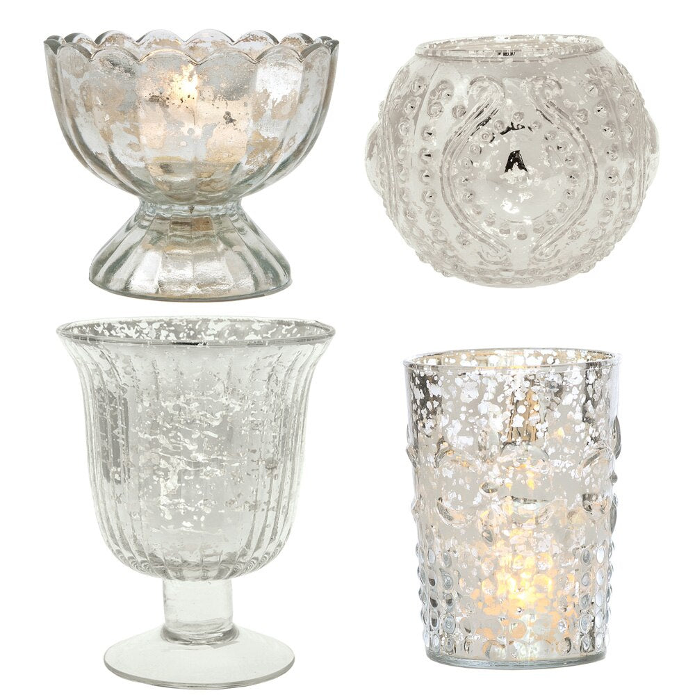 Vintage Glam Mercury Glass Tealight Votive Candle Holders (Silver, Set of 4, Assorted Designs and Sizes) - Weddings, Events, Parties, and Home Décor - PaperLanternStore.com - Paper Lanterns, Decor, Party Lights &amp; More