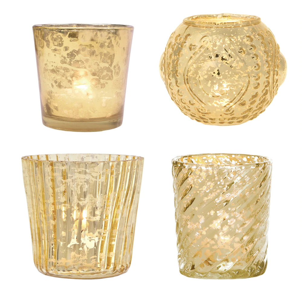 Royal Flush Mercury Glass Tealight Votive Candle Holders (Gold, Set of 4, Assorted Designs and Sizes) - for Weddings, Events, Parties, and Home D̩cor, Ideal Housewarming Gift - PaperLanternStore.com - Paper Lanterns, Decor, Party Lights &amp; More