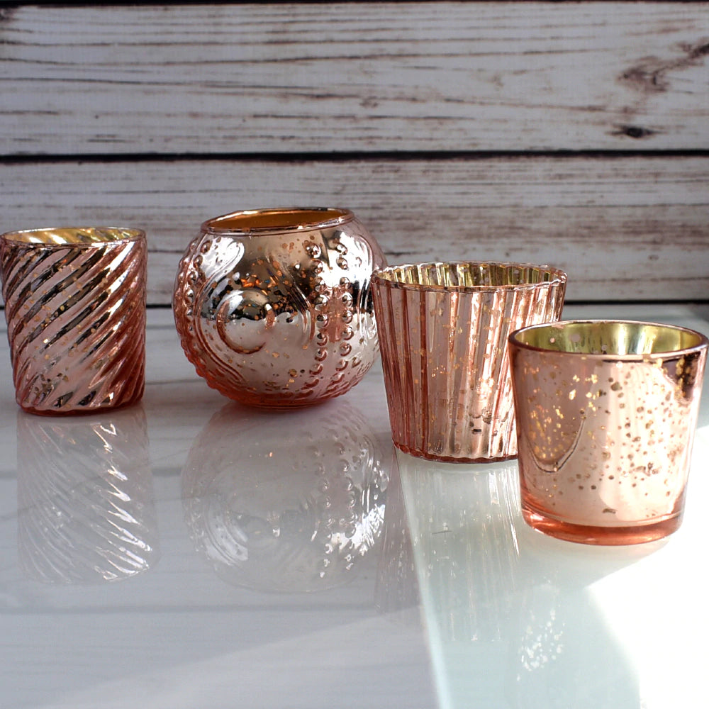 Royal Flush Mercury Glass Tealight Votive Candle Holders (Rose Gold Pink, Set of 4, Assorted Designs and Sizes) - for Weddings, Events, Parties, and Home Décor, Ideal Housewarming Gift - PaperLanternStore.com - Paper Lanterns, Decor, Party Lights & More