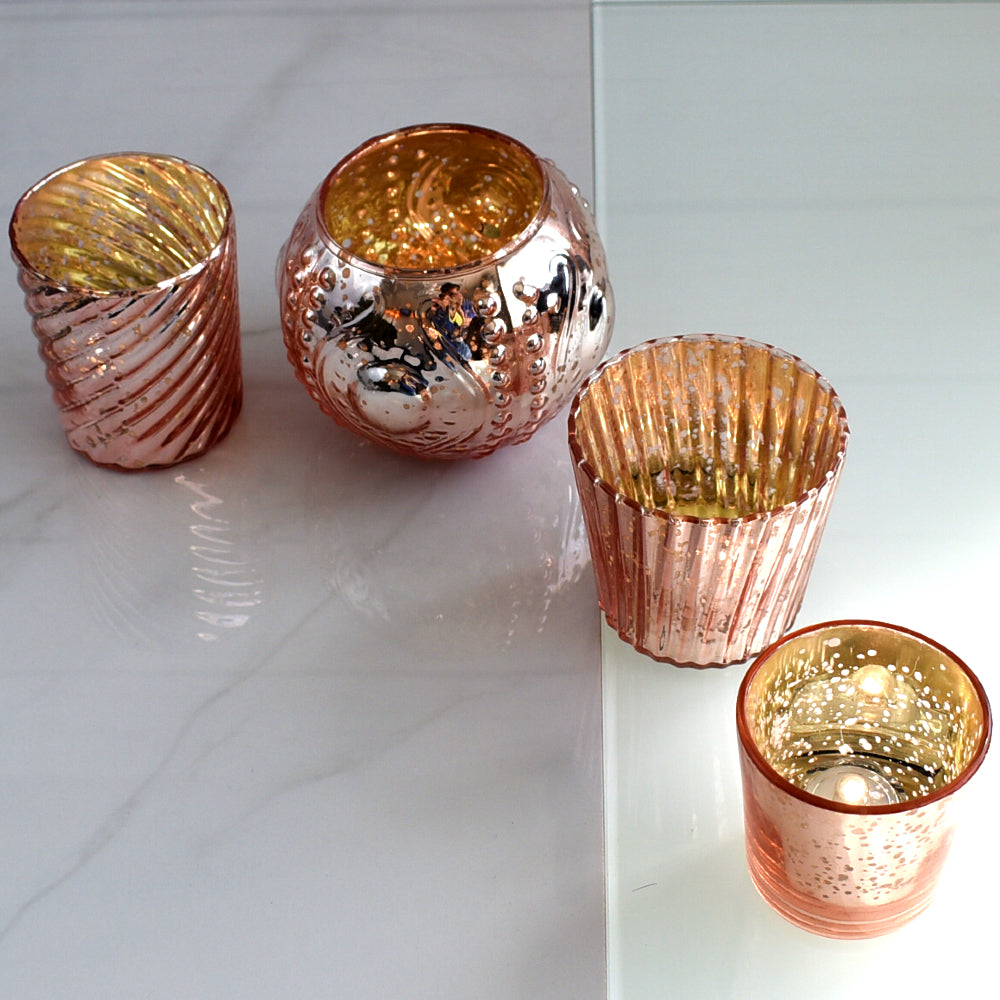 Royal Flush Mercury Glass Tealight Votive Candle Holders (Rose Gold Pink, Set of 4, Assorted Designs and Sizes) - for Weddings, Events, Parties, and Home Décor, Ideal Housewarming Gift - PaperLanternStore.com - Paper Lanterns, Decor, Party Lights &amp; More